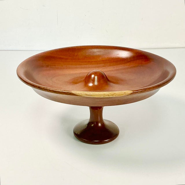 Burnt Umber Mid-Century Folk Art Arts & Crafts Hand Turned Walnut Wood Compote. For Sale - Image 8 of 11