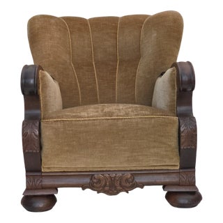 Danish Armchair in Green Furniture Velour and Carved Oak Wood, 1960s For Sale
