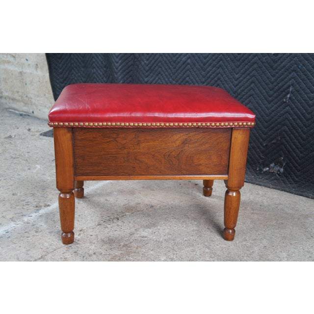 Mid 20th Century Mid Century American Country Oak Leather Nailhead Footstool Ottoman Compartment For Sale - Image 9 of 13
