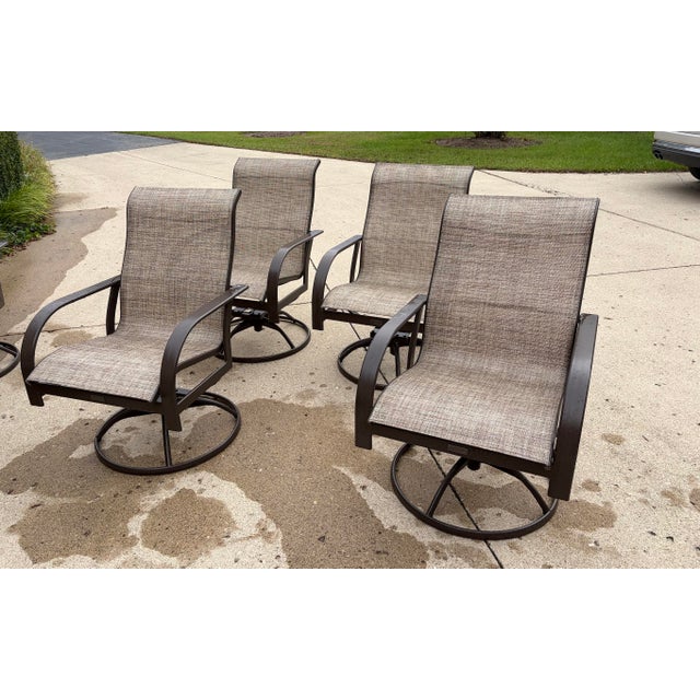 Outdoor Swivel Tilt Metal Dining Chairs With Sling Style Acrylic Fabric, 1 Piece For Sale - Image 4 of 5