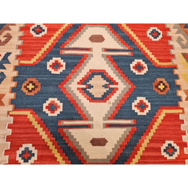 Vintage Turkish Tribal Kilim Runner, Handwoven Wool, Geometric Caucasian Pattern, Blue & Red, 3x8 For Sale - Image 17 of 17