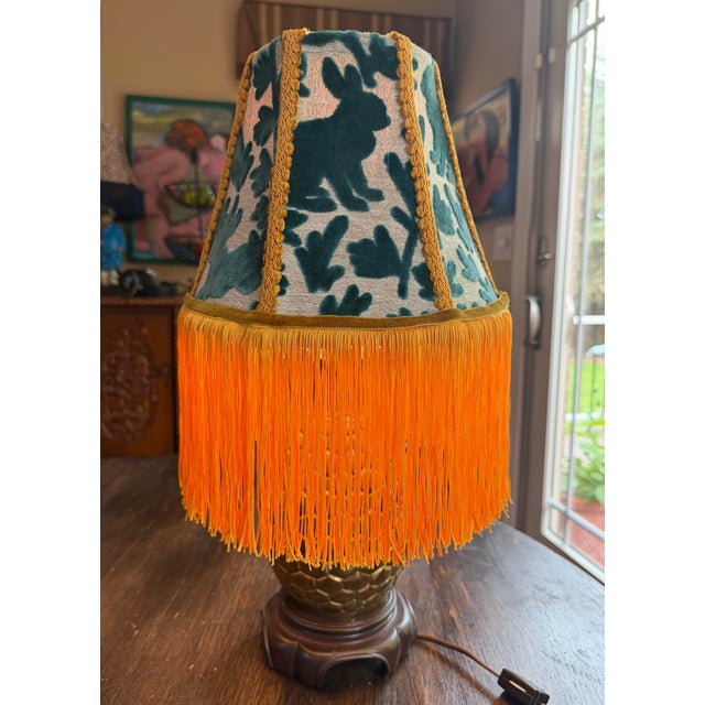 Covington “Luv Bunny” Teal Velvet Lampshade With Yellow Fringe For Sale - Image 4 of 4