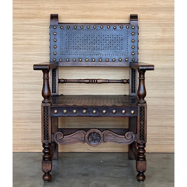 19th Century Spanish Colonial Altar Carved Armchair with Leather Seat and Back For Sale - Image 16 of 18