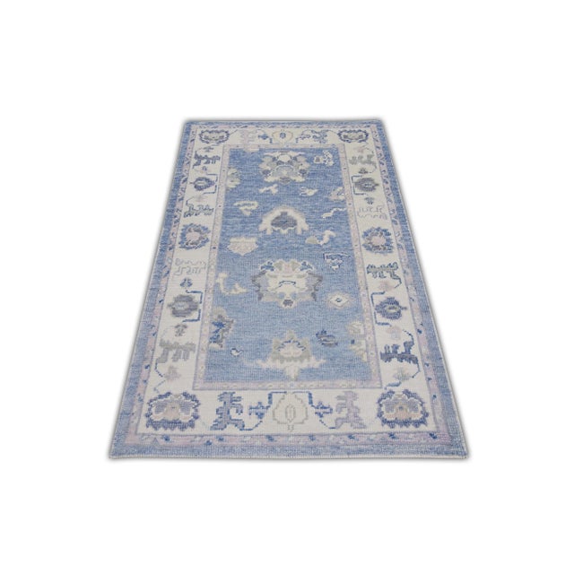 Early 21st Century Blue Handwoven Turkish Oushak Rug 3' X 5'3" For Sale - Image 5 of 6