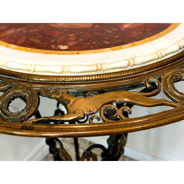 Metal Antique Wrought Iron Brass Greyhound Gueridon Table Inlaid Marble Top 22" For Sale - Image 7 of 14
