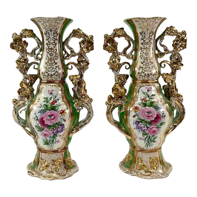 Pair of Monumental 19th Century French Vieux Paris Enameled & Gilt Porcelain Vases For Sale