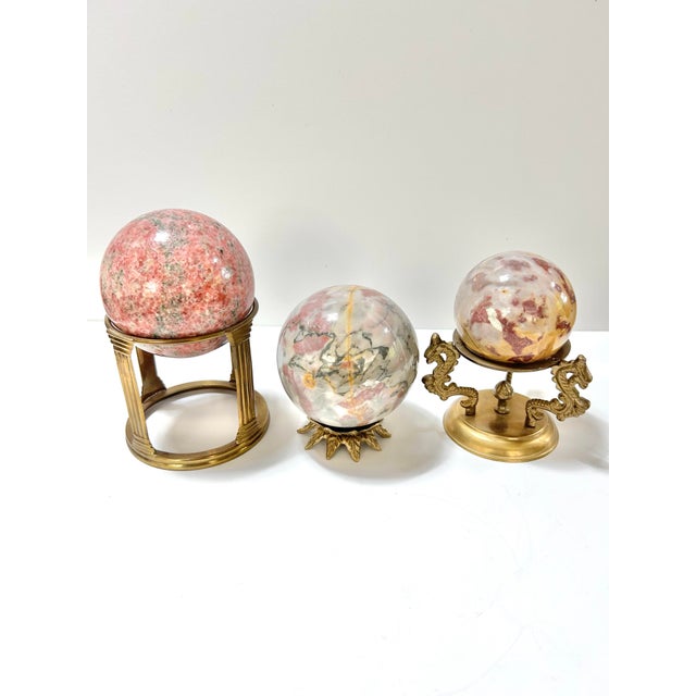 English Vintage Marble Stone Spheres Balls on Brass Pedestal - Set of 3 For Sale - Image 3 of 10