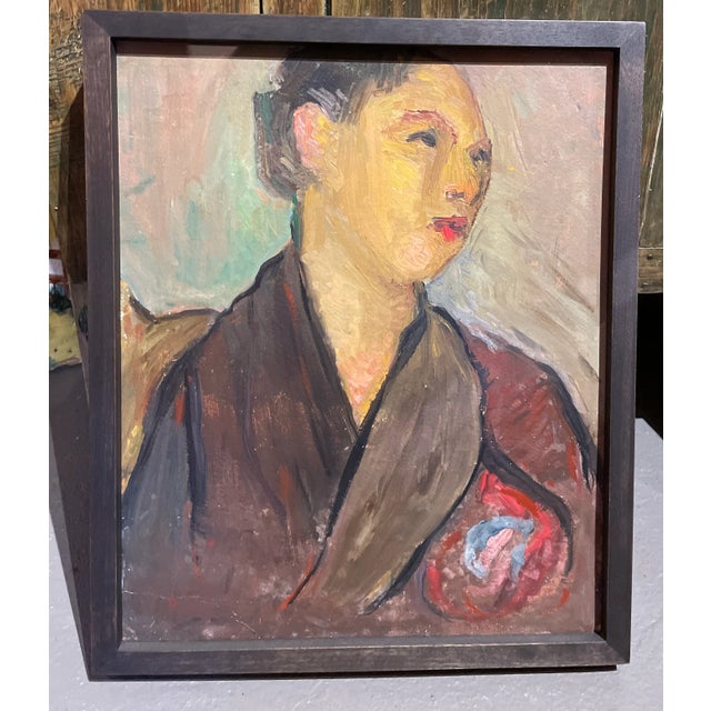 Textile Circa 1940s French Expressionist Portrait Painting of a Woman, Framed For Sale - Image 7 of 7