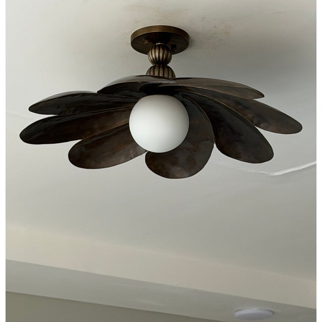 Black Antique Brass Semi Flush Mount Light Fixture, Handmade Flower Ceiling Light For Sale - Image 6 of 18
