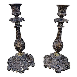 Baroque Style Silver-Plated Bronze Candlesticks, Set of 2 For Sale