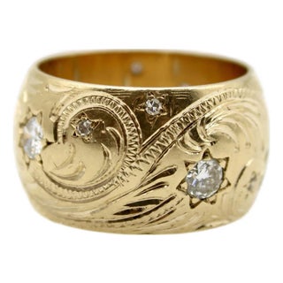Late 19th Century Victorian 14k Gold Hand-Engraved Celestial Themed Band or Ring With Diamonds, Size 6 For Sale