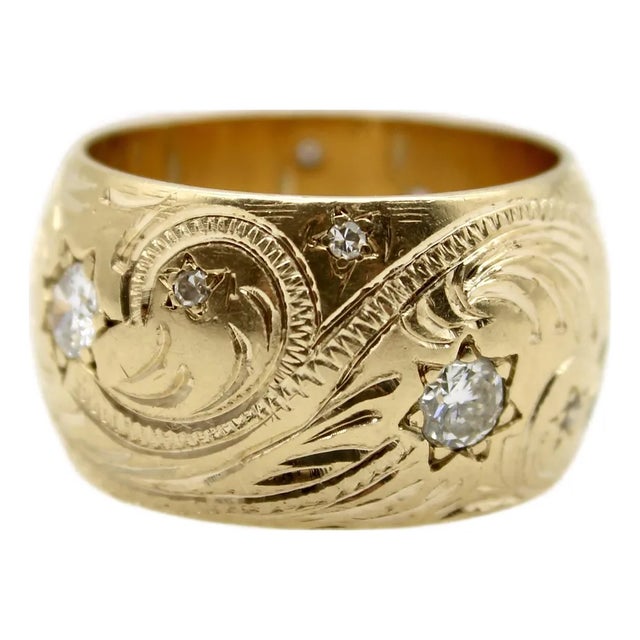 Late 19th Century Victorian 14k Gold Hand-Engraved Celestial Themed Band or Ring With Diamonds, Size 6 For Sale