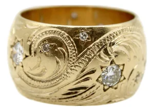 Late 19th Century Victorian 14k Gold Hand-Engraved Celestial Themed Band or Ring With Diamonds, Size 6