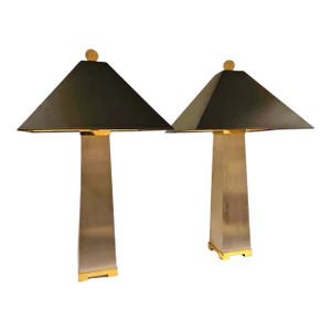 Pair of Mid Century Modern J Robert Scott and Associates Inc Attributed Lithic Stainless Steel and Brass Table Lamps