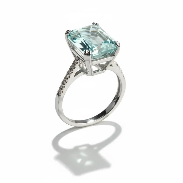 14k White Gold 12.07 Carat Natural Aquamarine and Diamond Solitaire Ring, Size 9 For Sale - Image 13 of 15