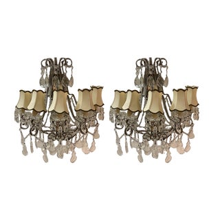 Large Antique Italian Mirrored Crystal Sconces, Set of 2 For Sale