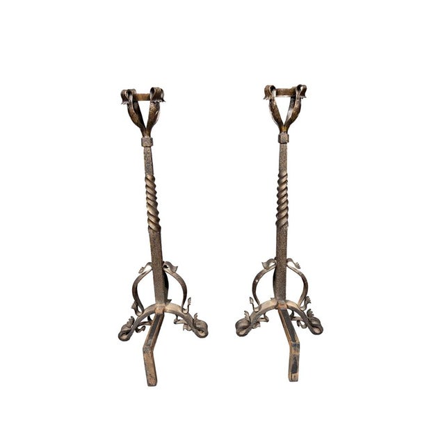 Pair of Art Nouveau Wrought Iron Andirons For Sale - Image 4 of 9