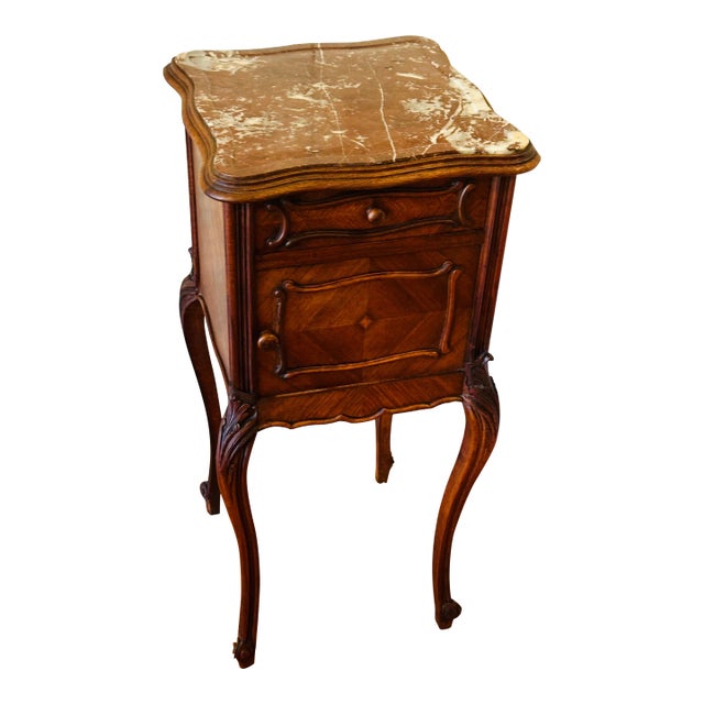 Antique French Louis XV Carved Walnut Nightstand With Marble Top For Sale