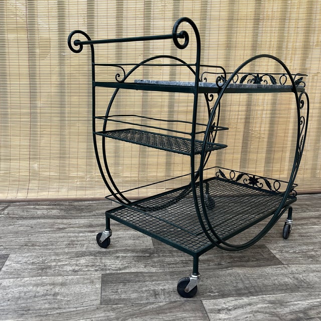 Mid Century Wrought Iron Marble Top Patio Serving Cart in the Salterini Style. Circa 1960s For Sale - Image 11 of 17