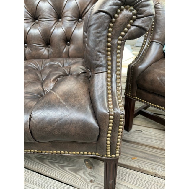 Late 20th Century Tufted Brown Leather Chairs - a Pair For Sale - Image 5 of 10