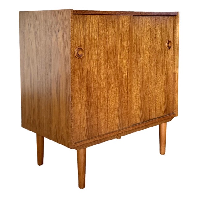 Classic Danish Mid Century Modern Teak Record Cabinet With Sliding Doors, Circa 1960s. For Sale