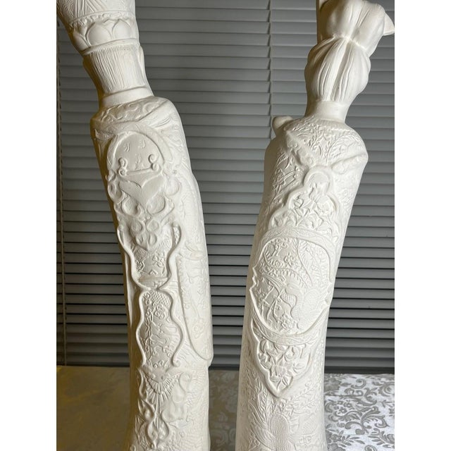 Vintage 22" Chinese Emperor & Empress Chalkware Statues - White Mid Century, A Pair For Sale - Image 12 of 17