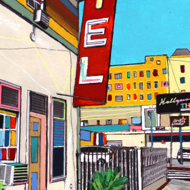 Hollywood Motel - Original Abstract Cityscape Colorful Layered Mixed Media Art by Fabio Coruzzi For Sale - Image 4 of 6