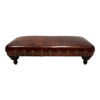 Vintage Large Scale English Leather Ottoman With Nailheads For Sale