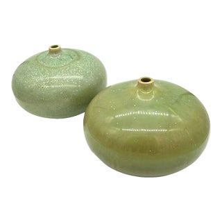 1990s Pair of Vietnamese Green Glazed Ceramic Orb Vessels For Sale