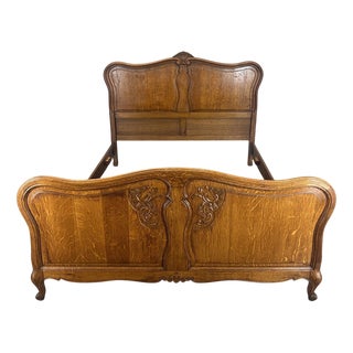 Vintage French Louis XVI Style Oak Double Bed Frame with Carved Headboard For Sale