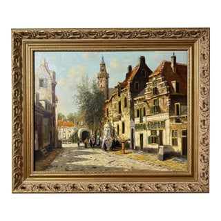 Dutch School Village Street Scene Oil Painting, Signed H. Ten Houven Vintage For Sale