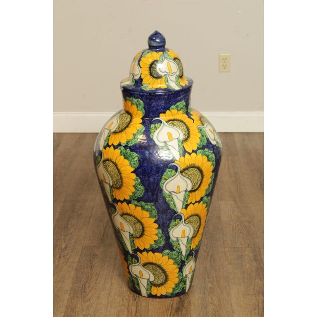 Quality Hand Painted Terra Cotta Ginger Jar or Urn, Decorated with Sunflowers and Calla Lilies, Signed 'Amora'