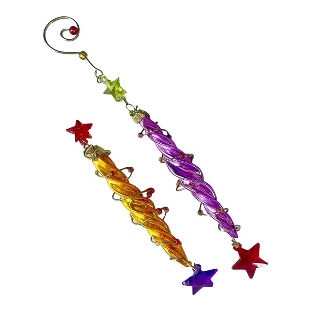 Vintage Swirl Glass Icicle Ornaments – Yellow & Purple, Rhinestone Stars, Set of 2 - 6" For Sale