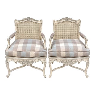 French Louis XV Style Carved Shell & Painted Caned Bergere Chairs -Pair For Sale