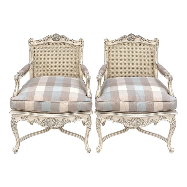 French Louis XV Style Carved Shell & Painted Caned Bergere Chairs -Pair For Sale