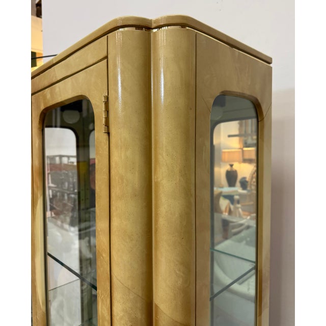 1980s Vintage Laquered Faux Goatskin and Glass Vitrine Cabinets, Pair For Sale - Image 5 of 10