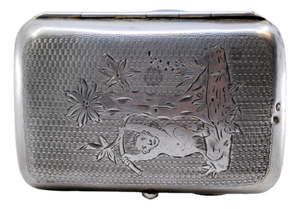 Silver Cigarette Case with Monkey on Tree and Beehive Engravings