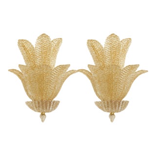 Gold “Graniglia” Leaf Murano Glass Wall Sconces in Venetian Style - a Pair For Sale