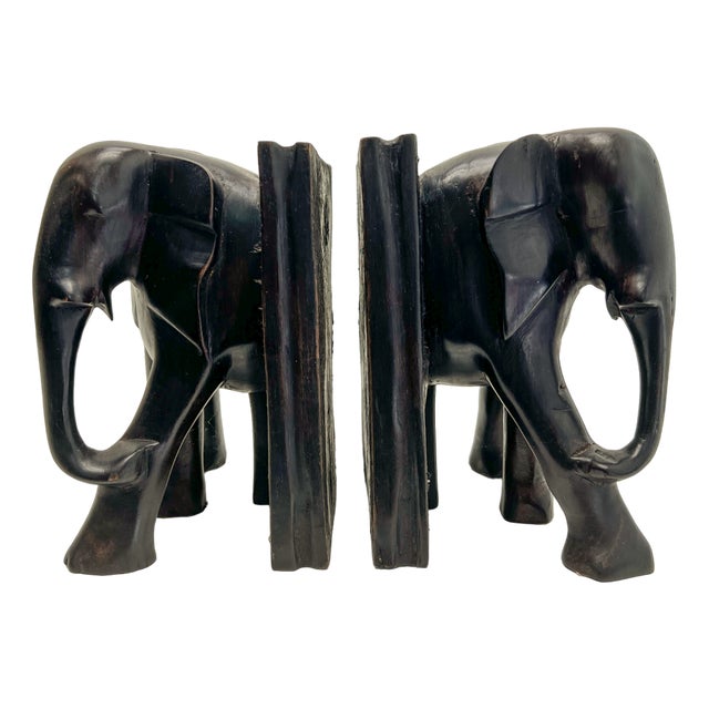 Antique Hand Carved Wooden Elephant Bookends, 1940s, Set of 2 For Sale