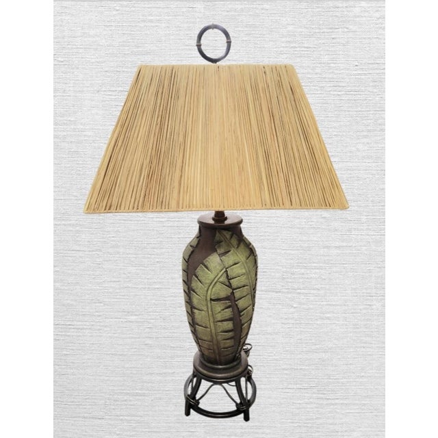 Metal 1990s Tropical Banana Leaf Iron Base Regency Raffia Shade Table Lamp For Sale - Image 7 of 9