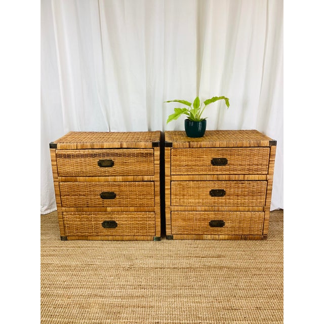 Vintage Pair of Woven Rattan Chest on Chest Dressers Boho Chic Campaign Style For Sale - Image 9 of 15