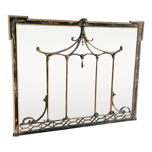 Monumental Antique French Mahogany Black Gilt Gold Pagoda Early 20th Century Mantel Wall Mirror For Sale