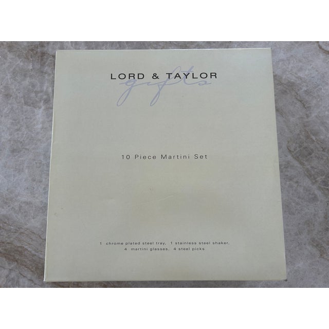 Vintage Lord & Taylor 10 piece martini set. Includes: 1 - chrome plated steel tray, 1 - stainless steel shaker, 4 -...