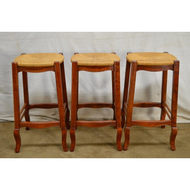 French Country Style Set of 3 Rush Seat Bar Stools | Chairish