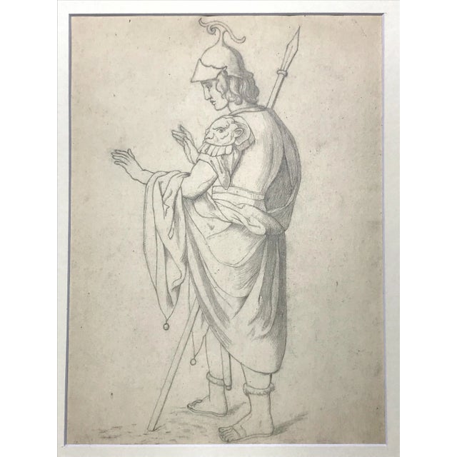 Renaissance 19th C. Antique Neoclassical Graphite Drawing of a Greco Roman Soldier For Sale - Image 3 of 7