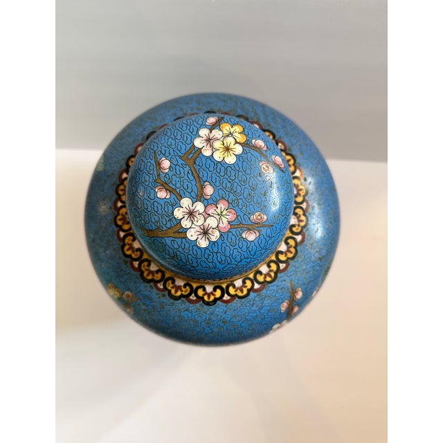 Blue Chinese Cloisonné Ginger Jar on Carved Wood Stand For Sale In Miami - Image 6 of 12
