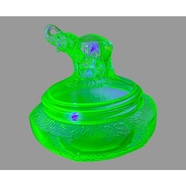 Vintage Uranium Vaseline Art Glass Covered Powder Jar Dish w Figural Elephants In good original condition showing some...