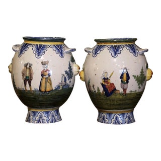 Pair of Early 20th Century French Hand Painted Faience Vases Signed Hb Quimper For Sale