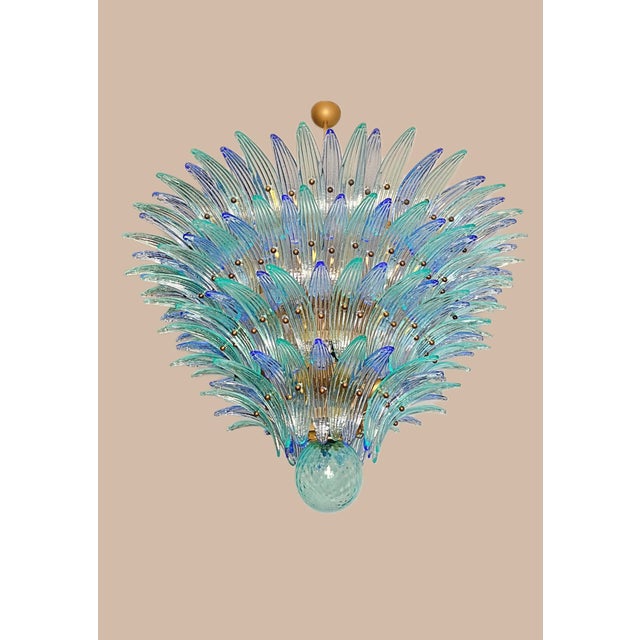 Mid-Century Modern Chandelier Palmette - Four Levels, 160 Blue and Turquoise Glasses For Sale - Image 3 of 4