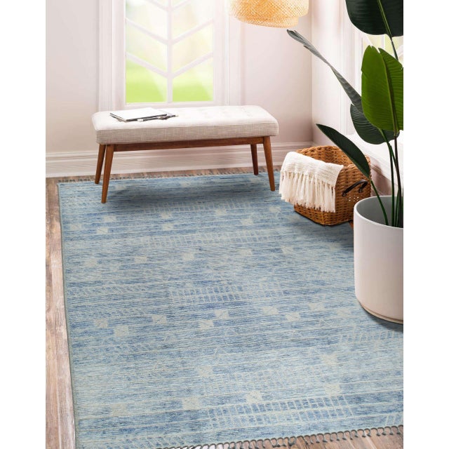 Light Gray 9x12 Soft Wool Pile Light Blue Tribal Hand-Knotted Modern Contemporary Berber Carpet For Sale - Image 8 of 8